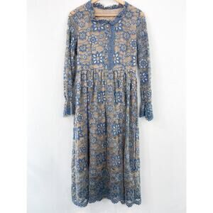METISU Blue Lace Long Sleeve Midi Dress size Medium Peasant Boho Coquette